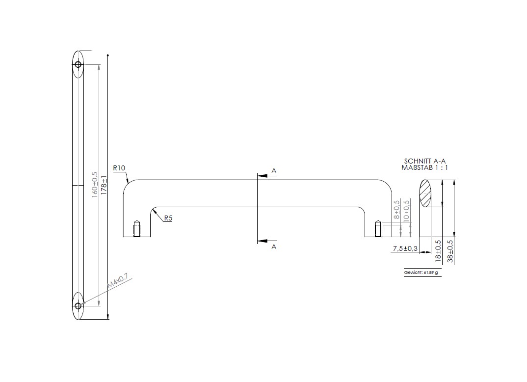Technische Zeichnung von einem moderner Möbelgriff schwarz gebürstet im geradlinigen Design mit einem Bohrabstand von 160mm